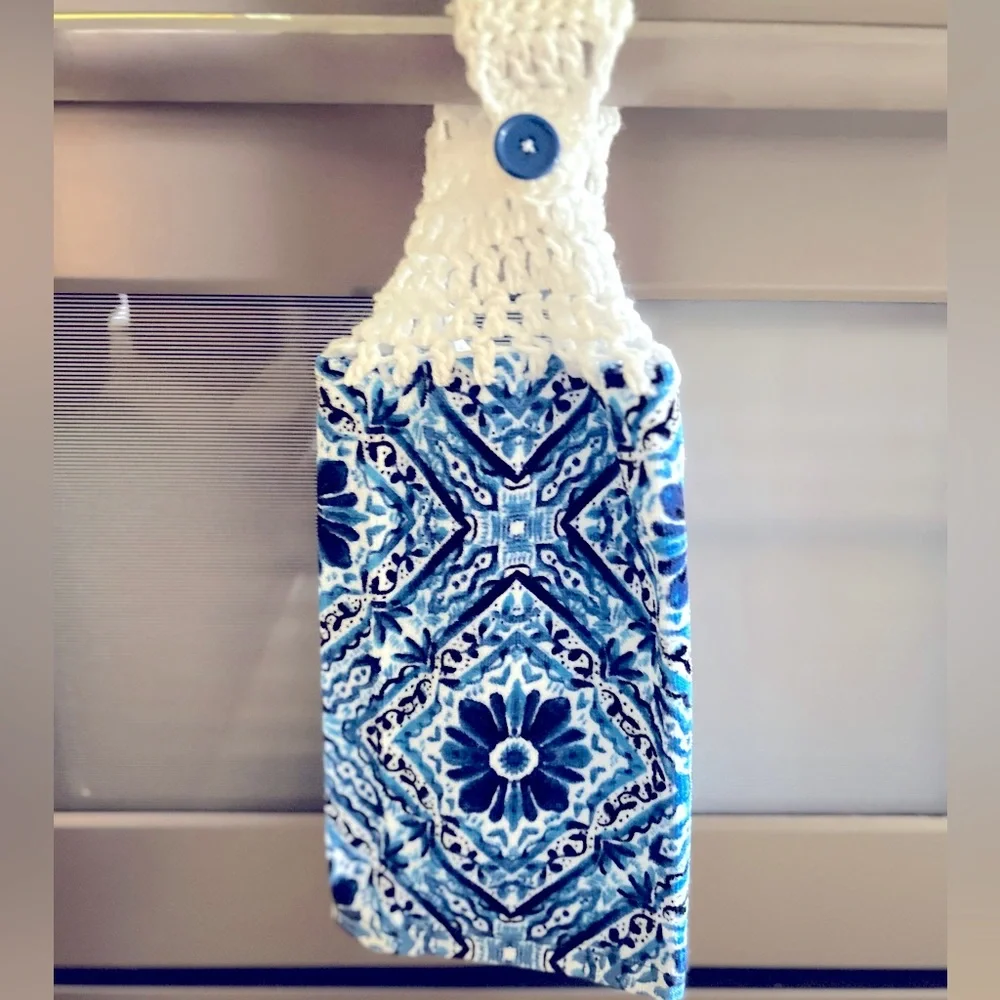 Hand Crafted Colorful Blue Floral Retro Hanging Hand Towel Crochet Top